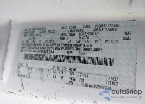 2007 Ford E-350 Super Duty Commercial/Recreational z USA, uszkodzony, nr VIN 1FTSE34L67DA38934